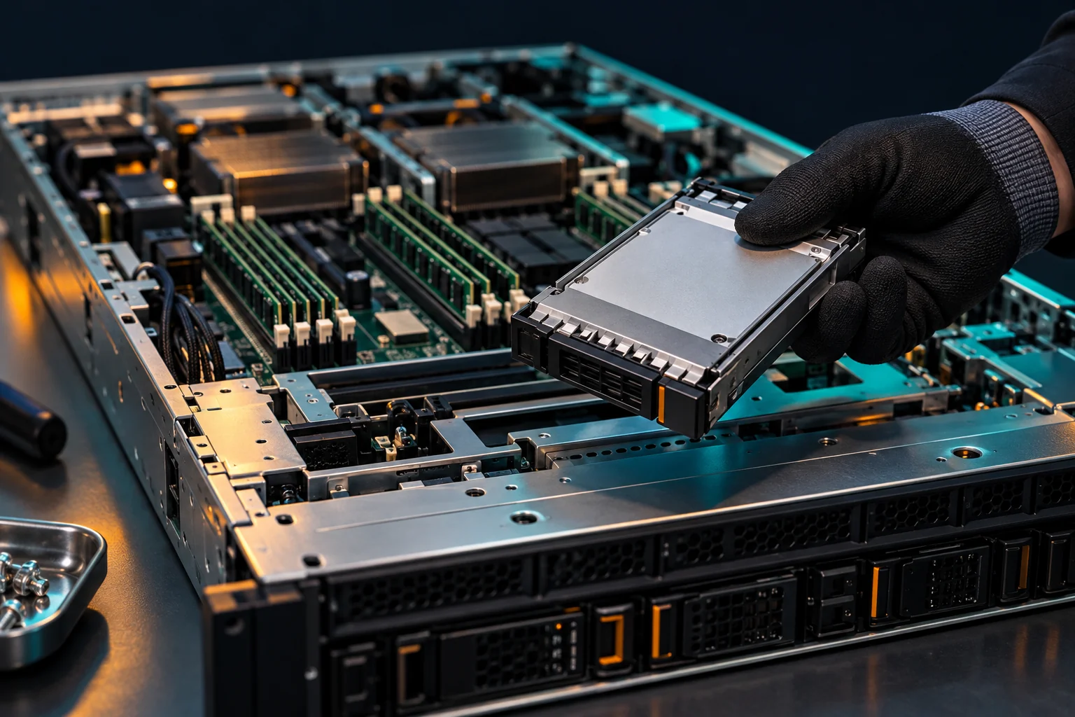 AI-generated concept of server memory and an SSD carrier during configuration planning