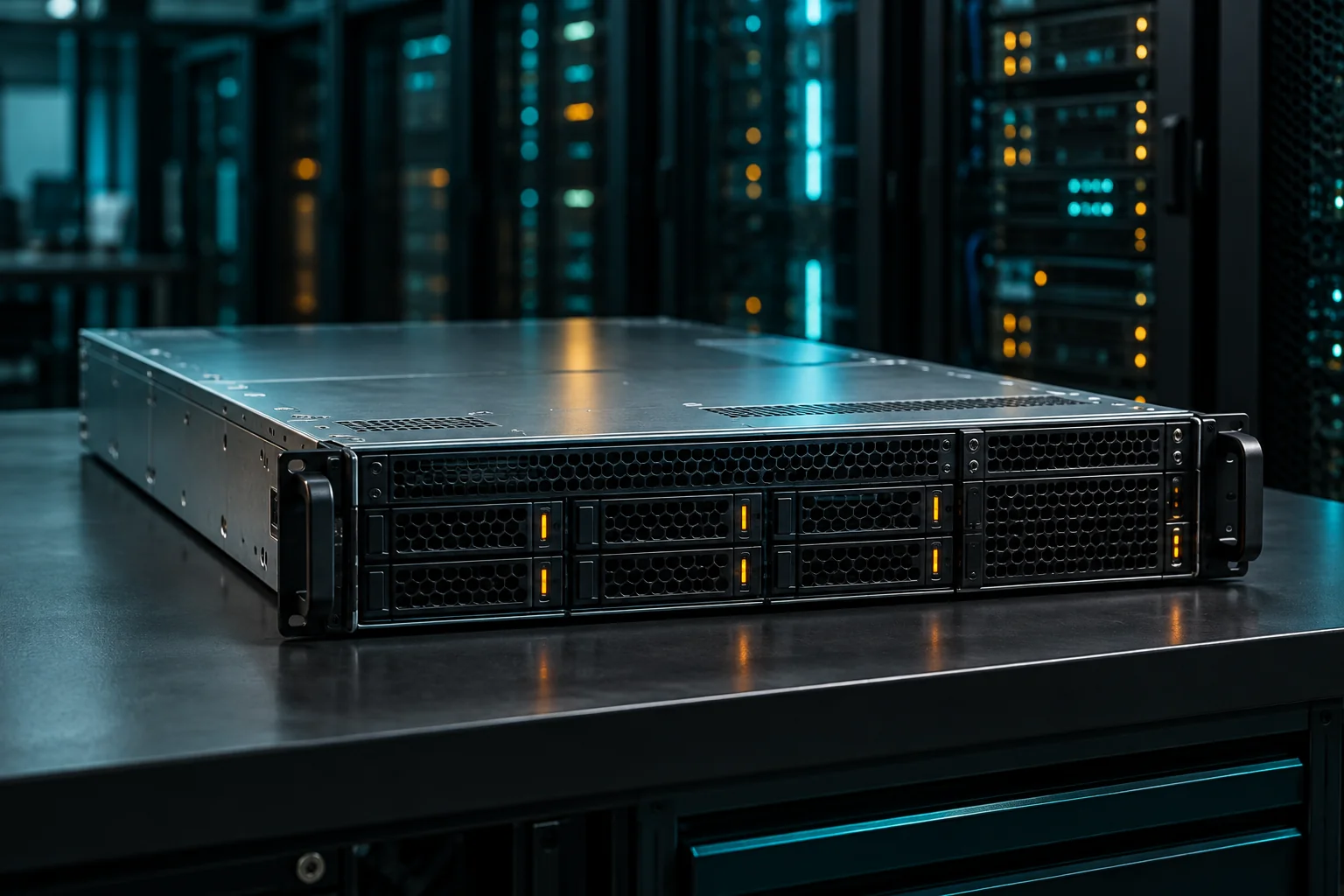 AI-generated concept of a single unbranded physical compute server on an engineering workbench