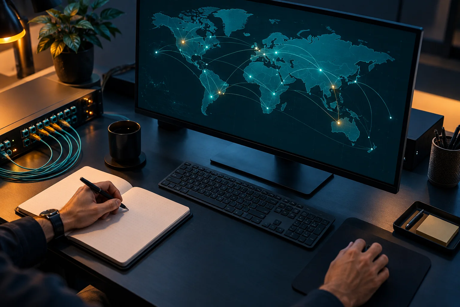 AI-generated concept of network engineers planning deployment regions with an unlabeled map